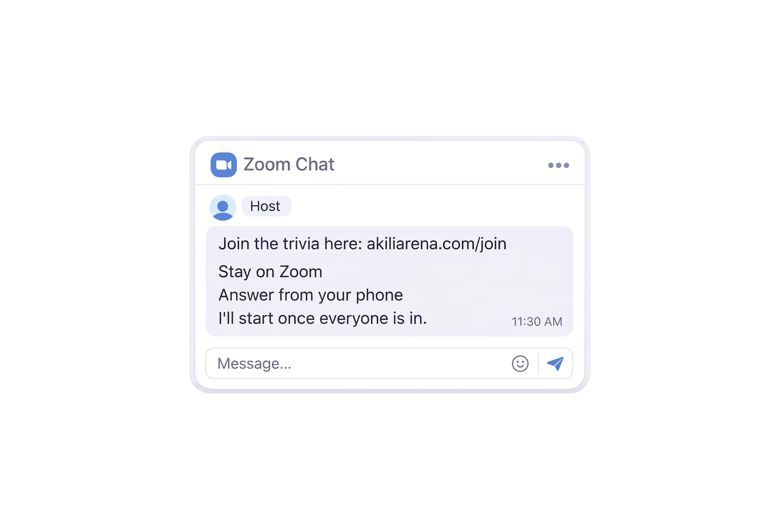 Example Zoom chat message showing a host sharing a trivia join link and simple phone-first instructions